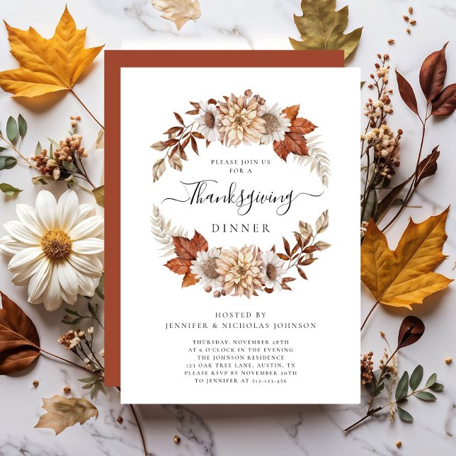 Invitation Russe Automne Floral Thanksgiving Dîner (Rustic Fall Floral Thanksgiving Dinner Invitation)