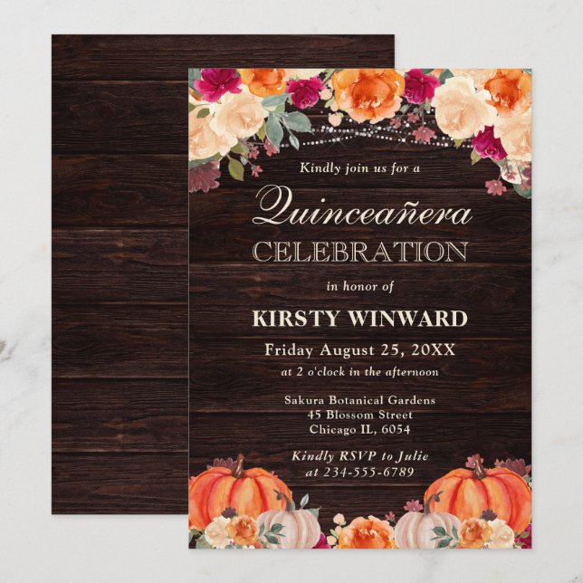 Invitation Russe Automne Orange Citrouille Floral Quinceanera (Devant / Derrière)