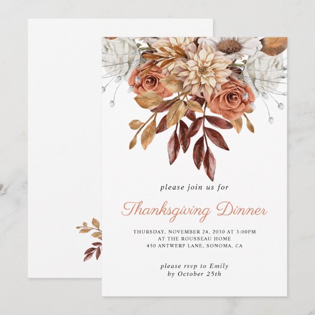 Invitation Russe Automne Terracotta Floral Thanksgiving (Devant / Derrière)