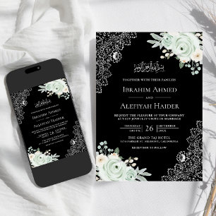 Invitation Russe Black Sage Green Floral Lace Mariage musulma