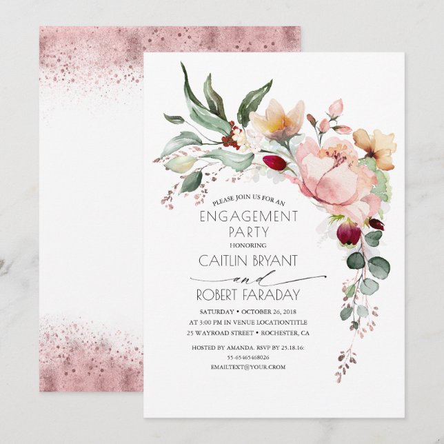 Invitation Russe Bloom Boho Pink Gold Engagement Party (Devant / Derrière)