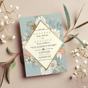 Invitation Russe Blush Blue Coral or Floral Mariage ivoire
