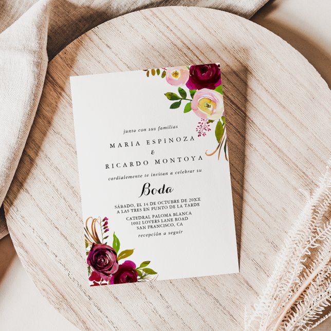 Invitation Russe Blush Bourgogne Floral Mariage espagnol (Créateur téléchargé)