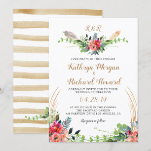 Invitation Russe Bohème Floral Aquarelle Monogramme Mariage