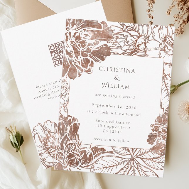 Invitation Russe Boho Floral Mocha Brown Mariage QR Code (Créateur téléchargé)