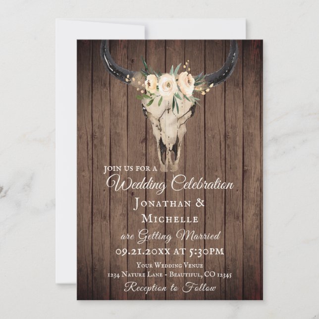 Invitation Russe Boho Floral Vache Crâne sur Mariage Barnwood (Devant)
