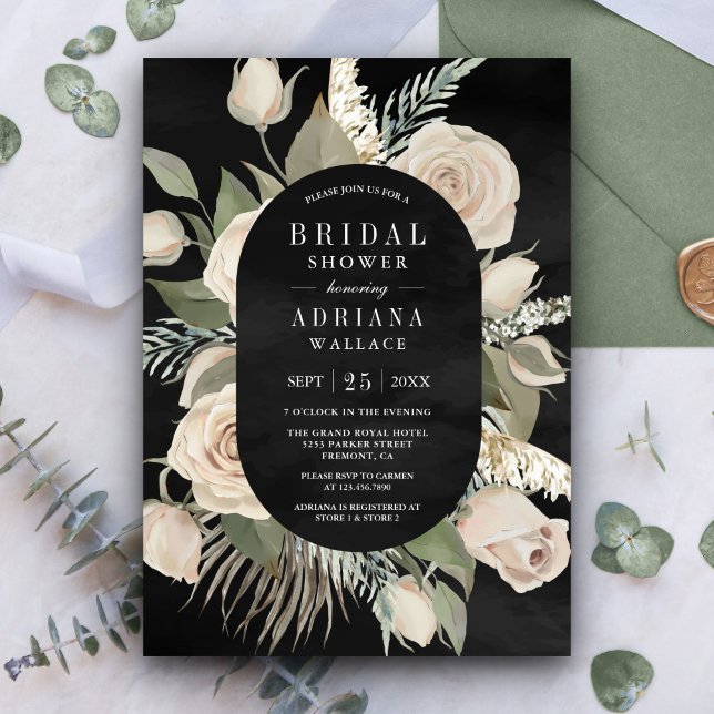 Invitation Russe Boho Ivory Rose Sage Black Fête des mariées (Créateur téléchargé)