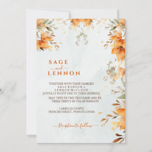 Invitation Russe Boho orange Aquarelle Bleu Mariage