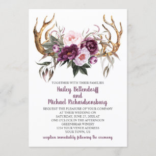 Invitation Russe Boho Purple Plum Peonies Antlers Mariage