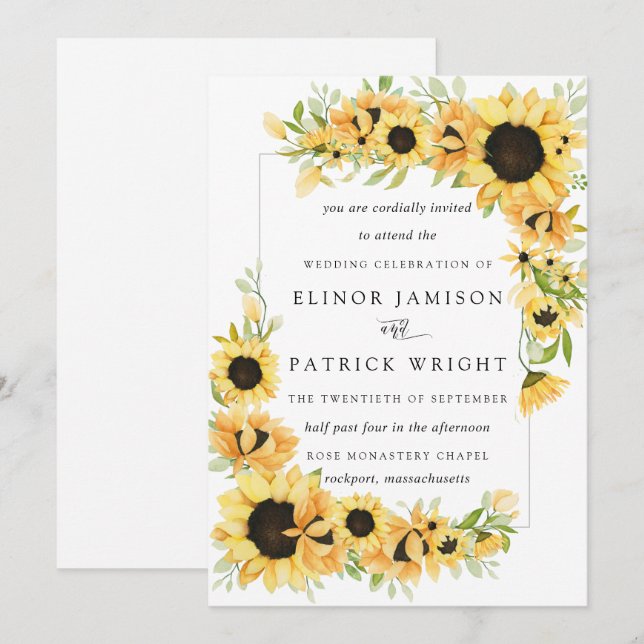 Invitation Russe Boho Yellow Sunflower Mariage d'été (Devant / Derrière)