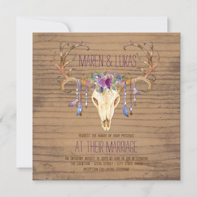 Invitation Russe Bois Cerf Antler Crâne Sud-Ouest Mariage (Devant)