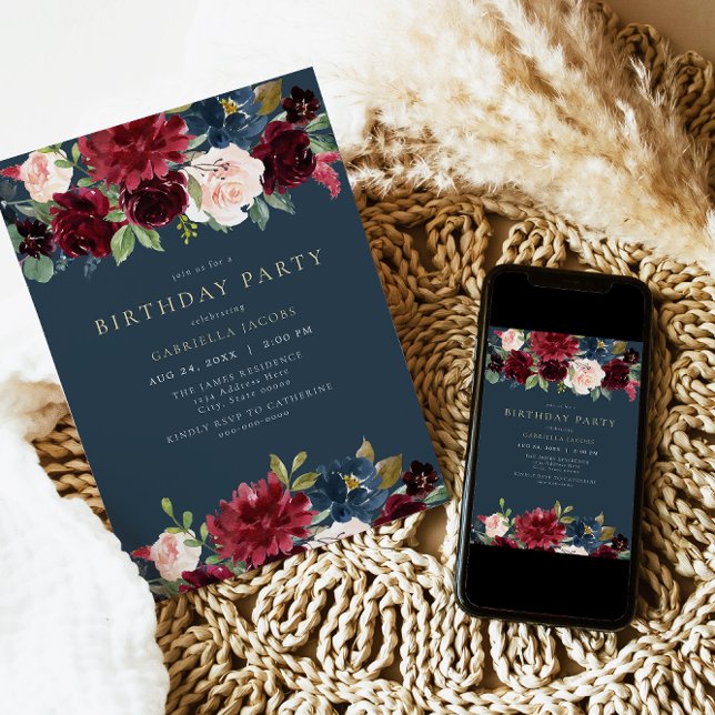 Invitation Russe Bourgogne et Navy Floral Birthday Party (Créateur téléchargé)