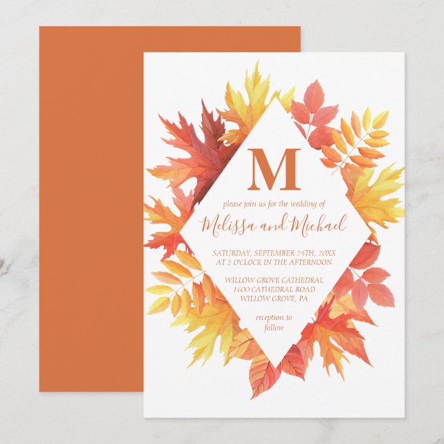 Invitation Russe Bourgogne et Orange automne Feuilles Mariage (Devant / Derrière)
