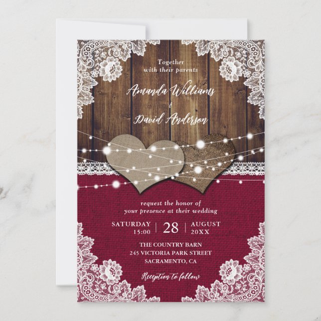 Invitation Russe Bourgogne Grange Bois Burlap Mariage dentell (Devant)