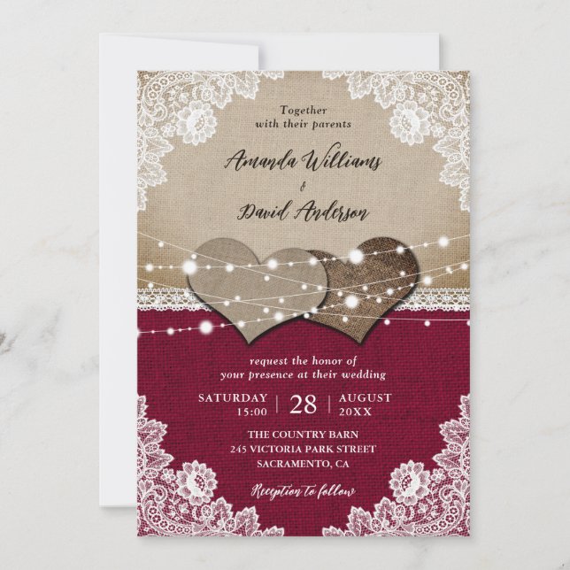Invitation Russe Bourgogne Mariage de dentelle Burlap (Devant)