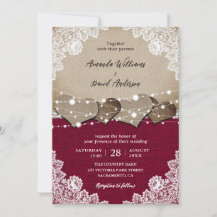 Invitation Russe Bourgogne Mariage de dentelle Burlap