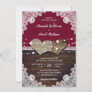 Invitation Russe Bourgogne Mariage de dentelle Burlap