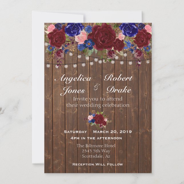 Invitation Russe Bourgogne Marine Aquarelle Bois Rose Mariage (Devant)