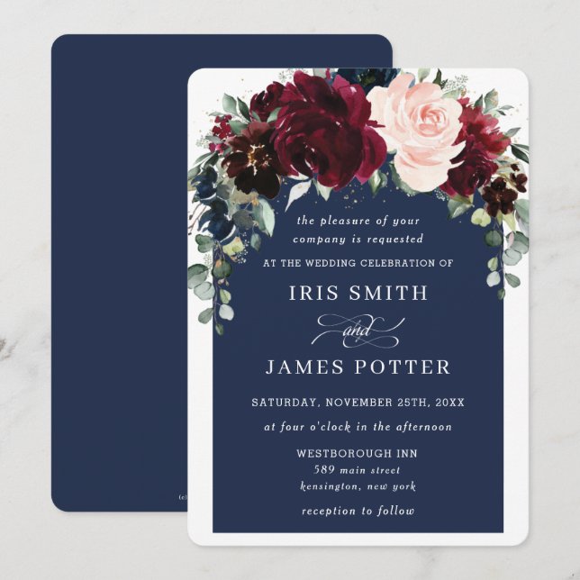 Invitation Russe Bourgogne Marine Blush Floral Arch Mariage (Devant / Derrière)