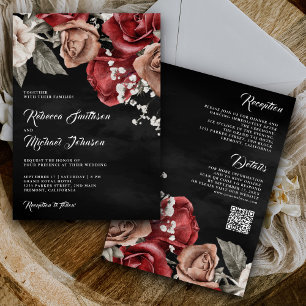 Invitation Russe Bourgogne Rose QR Code Mariage noir