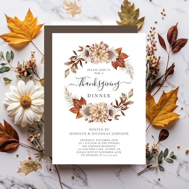 Invitation Russe Brown Automne Floral Thanksgiving Dîner (Rustic Brown Fall Floral Thanksgiving Dinner Invitation)