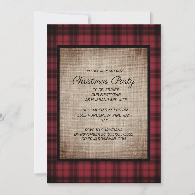 Invitation Russe Buffalo Plaid Burlap Noël Party (Devant)