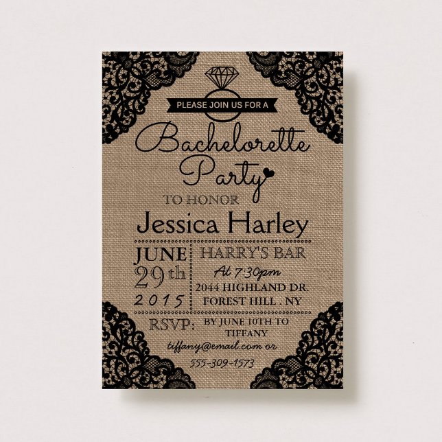 Invitation Russe Burlap & Black Lace Bachelorette Party (Créateur téléchargé)