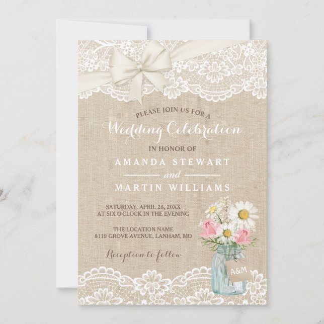 Invitation Russe Burlap Lace Floral Mason Jar Mariage (Devant)