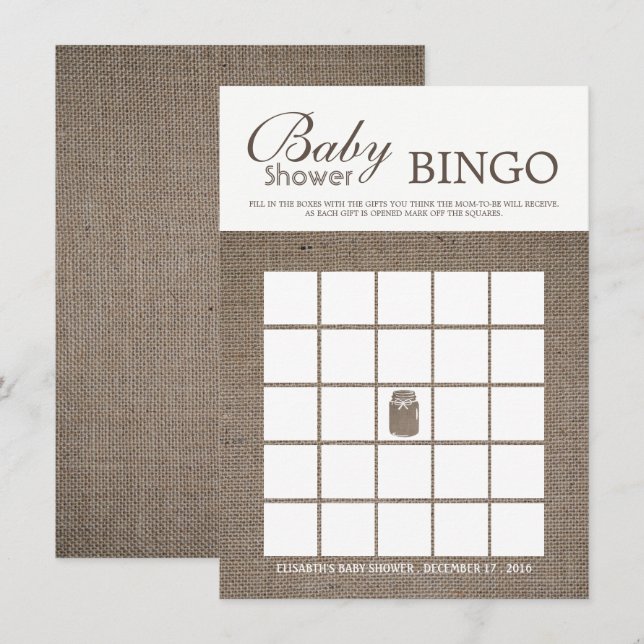 Invitation Russe Burlap Mason Jar Baby shower Bingo (Devant / Derrière)