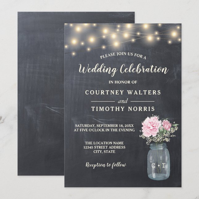 Invitation Russe Chalkboard Peony Floral Mason Jar | MARIAGE (Devant / Derrière)
