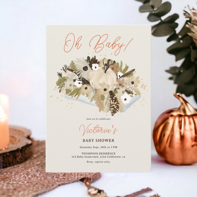 Invitation Russe citrouille floral neutre Oh baby shower (Rustic pumpkin floral neutral Oh baby shower Invitation on beige)