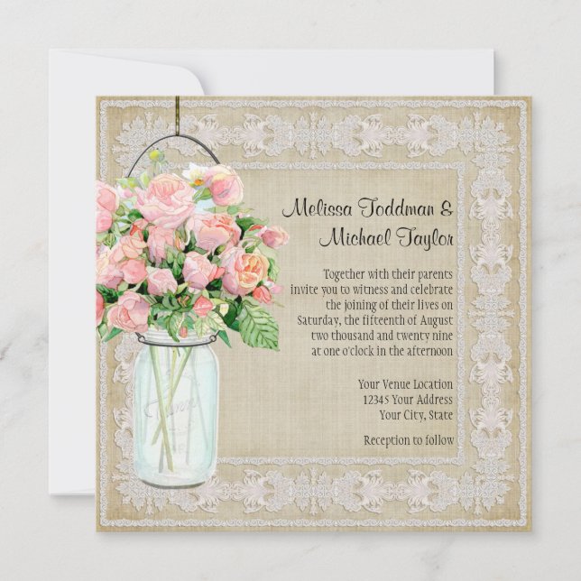 Invitation Russe Country Mason Jar Blush Roses Rose Bouquet (Devant)