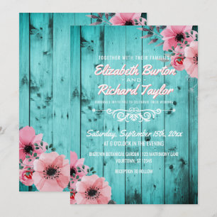 Invitation Russe Country Wood Rose Floral Boho Mariage Turquo