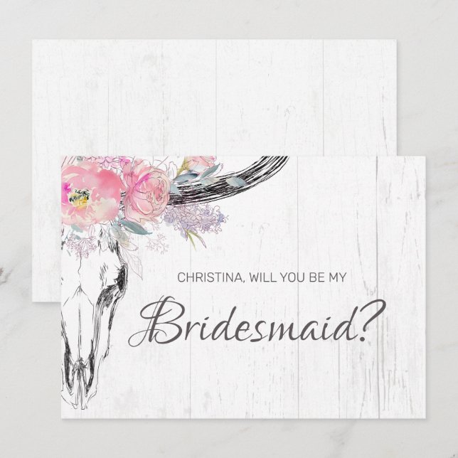 Invitation Russe Crâne de vache Boho Blush rose floral demois (Devant / Derrière)