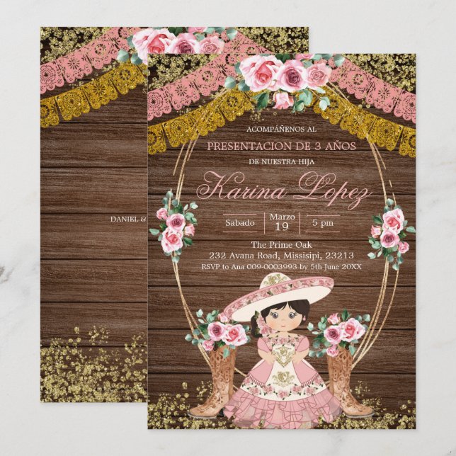 Invitation Russe espagnol rose Boot Charra Tres Anos (Devant / Derrière)