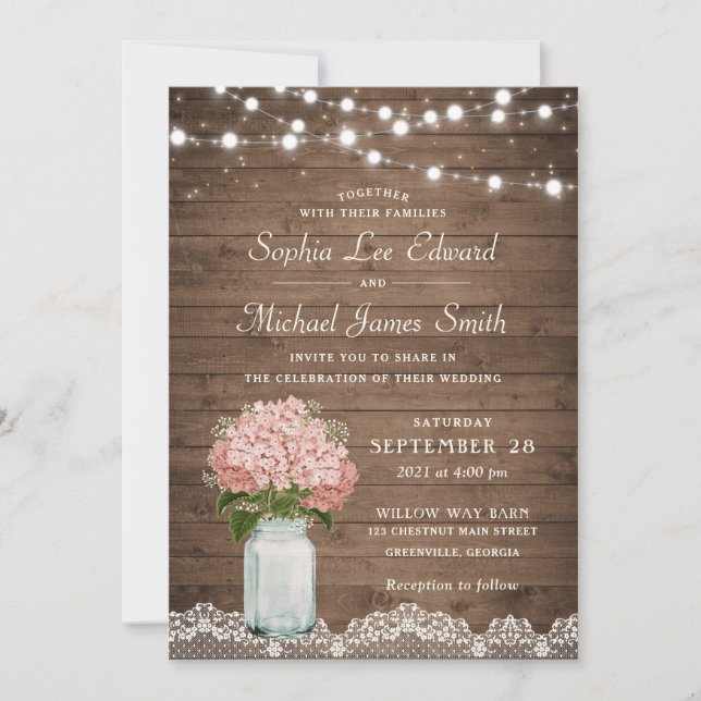 Invitation Russe Floral Blush Hydrangea Mason Jar Lace Light (Devant)