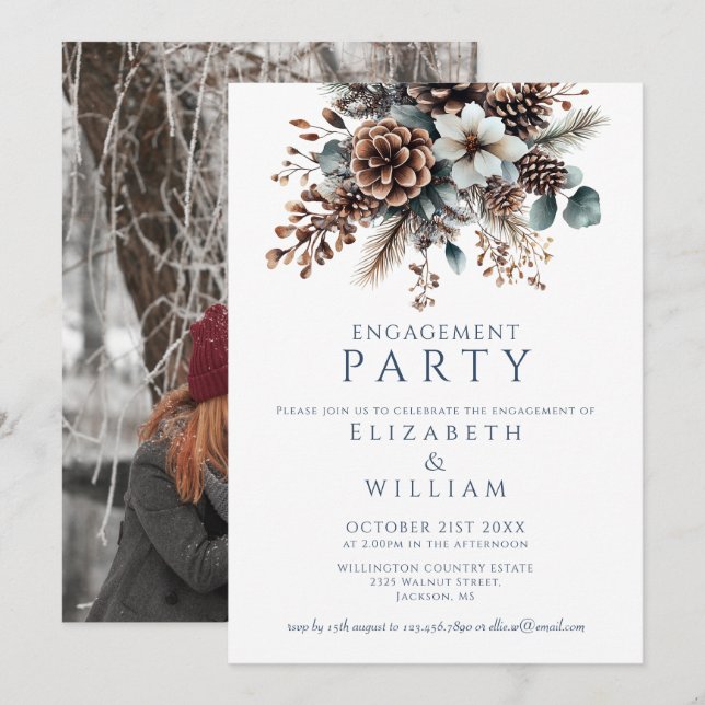 Invitation Russe Floral Pinecone Engagement Party Photo (Devant / Derrière)