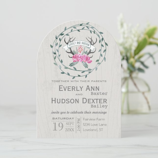 Invitation Russe Forêt Garland Antler Grange Mariage bois (Debout devant)