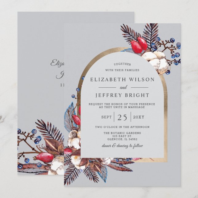 Invitation Russe hiver Coton Rouge Berries Arché Mariage (Devant / Derrière)