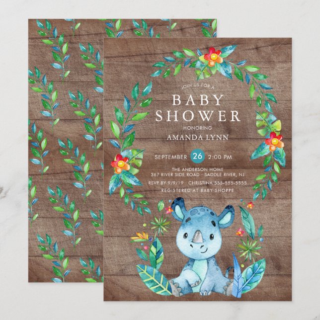 Invitation Russe Jungle Blue Rhinoceros Baby shower garçon (Devant / Derrière)