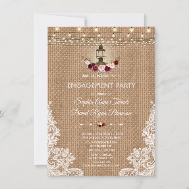 Invitation Russe Lace Burlap String lights Partie d'engagemen (Devant)
