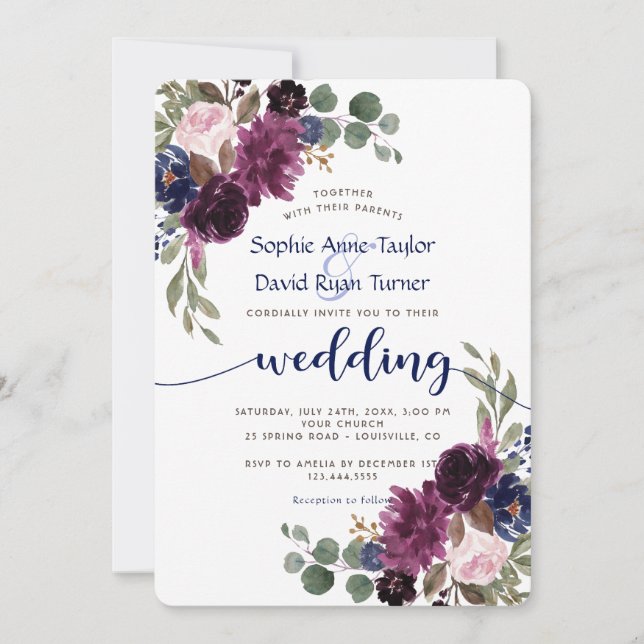 Invitation Russe Lavande Marine bleu Floral Mariage (Devant)