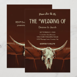 Invitation Russe Mariage Brown Western Bull Skull Pays