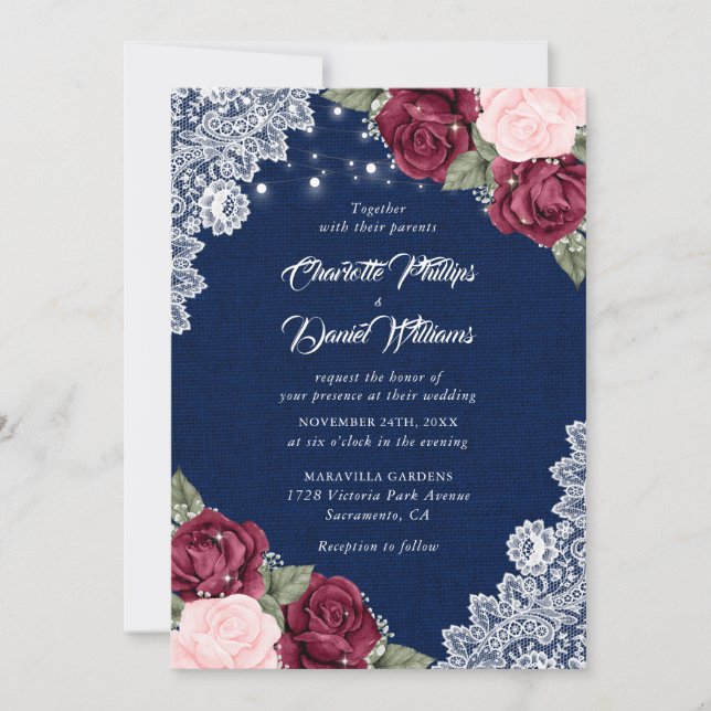Invitation Russe Marine Bleu Bourgogne Blush Burlap Mariage (Devant)