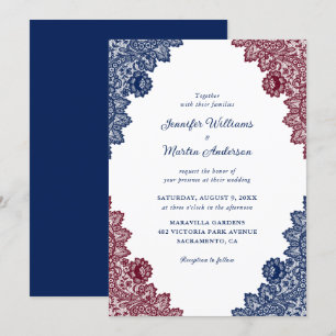 Invitation Russe Marine bleu et Bourgogne Floral Mariage dent