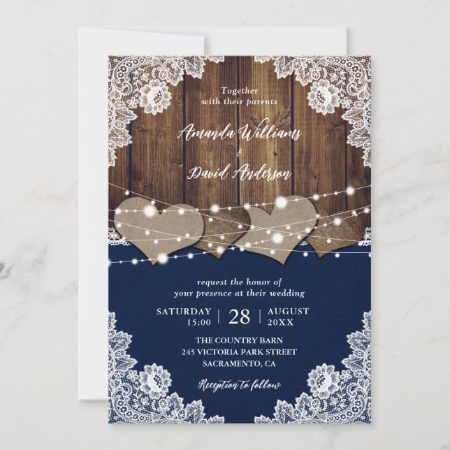 Invitation Russe Marine Bleu Grange Bois Burlap Mariage dente (Devant)