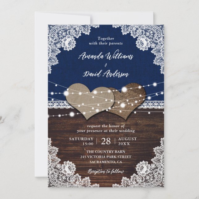 Invitation Russe Marine Bleu Mariage de dentelle Burlap (Devant)