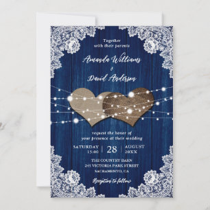 Invitation Russe Marine Bleu Mariage de dentelle Burlap
