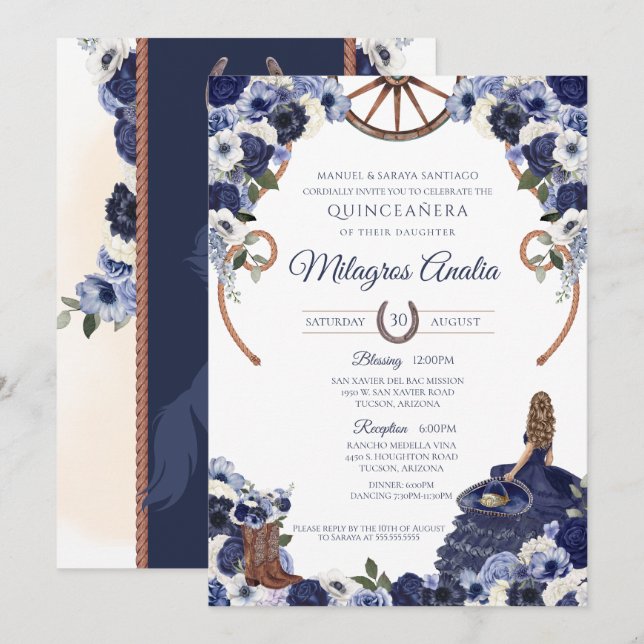 Invitation Russe Marine Bleu Ouest Charro Quinceanera (Devant / Derrière)