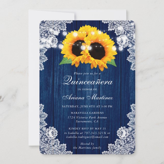 Invitation Russe Marine Bleu Tournesol Dentelle en Bois Quinc (Devant)